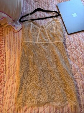superdown Beige Lace Slip Dress with Sheer Overlay